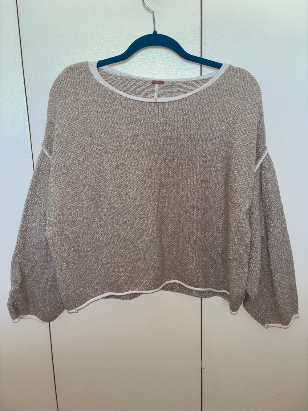 Free People Light Taupe Women's Knit Cropped Oversized Sweater with Cream Trim